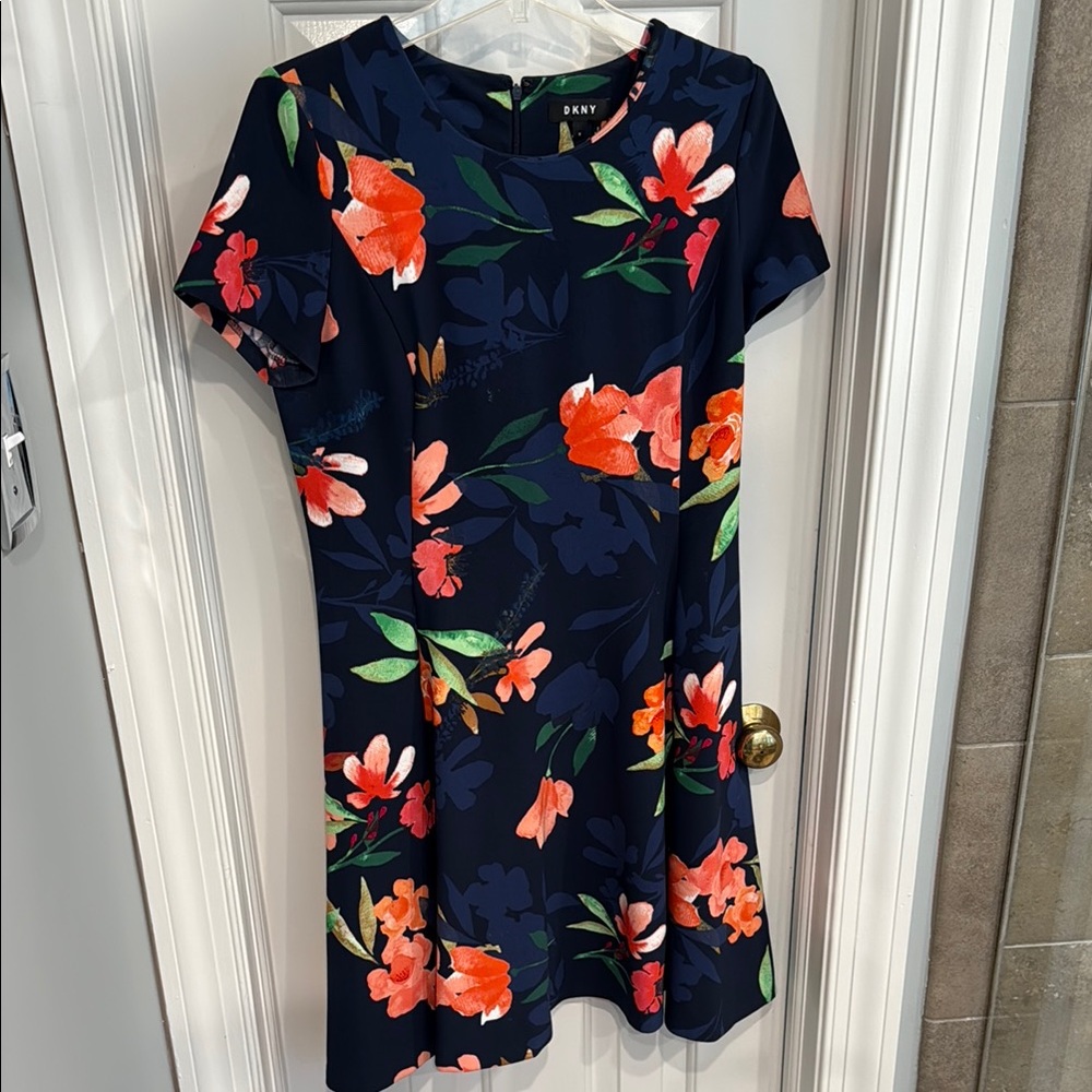 DKNY Navy Blue with Coral Flowers Mini Sundress Crew Neck